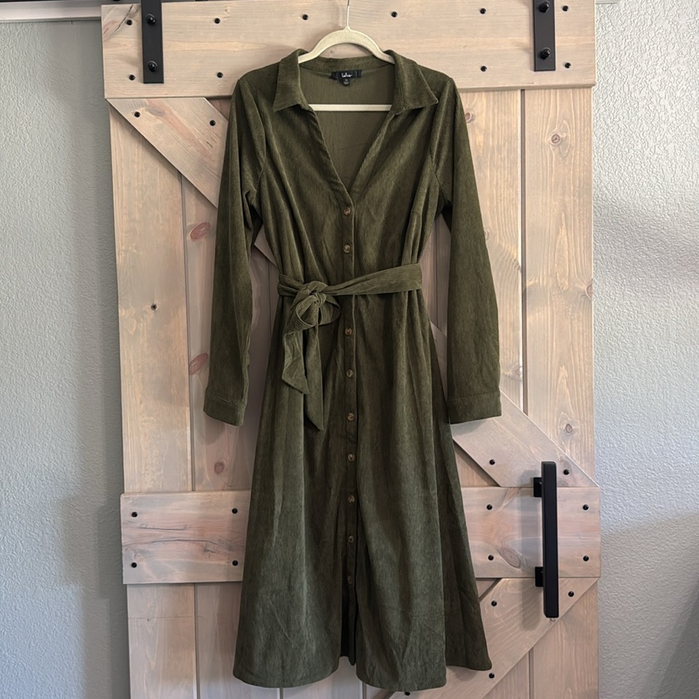 Lulus Casual Affection Olive Green Corduroy Midi Dress With Pockets - Size XL